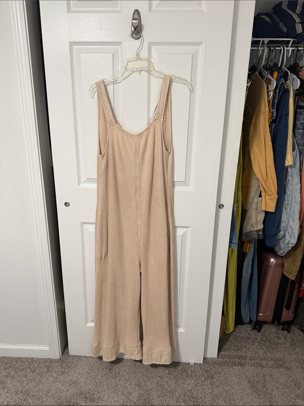 Free People Beige Ribbed Wide-Leg Knit Jumpsuit